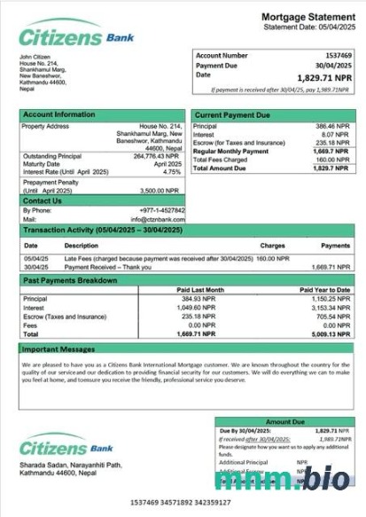 Nepal Citizens Bank International wyciąg z kredytu hipotecznego szablon Word i PDF